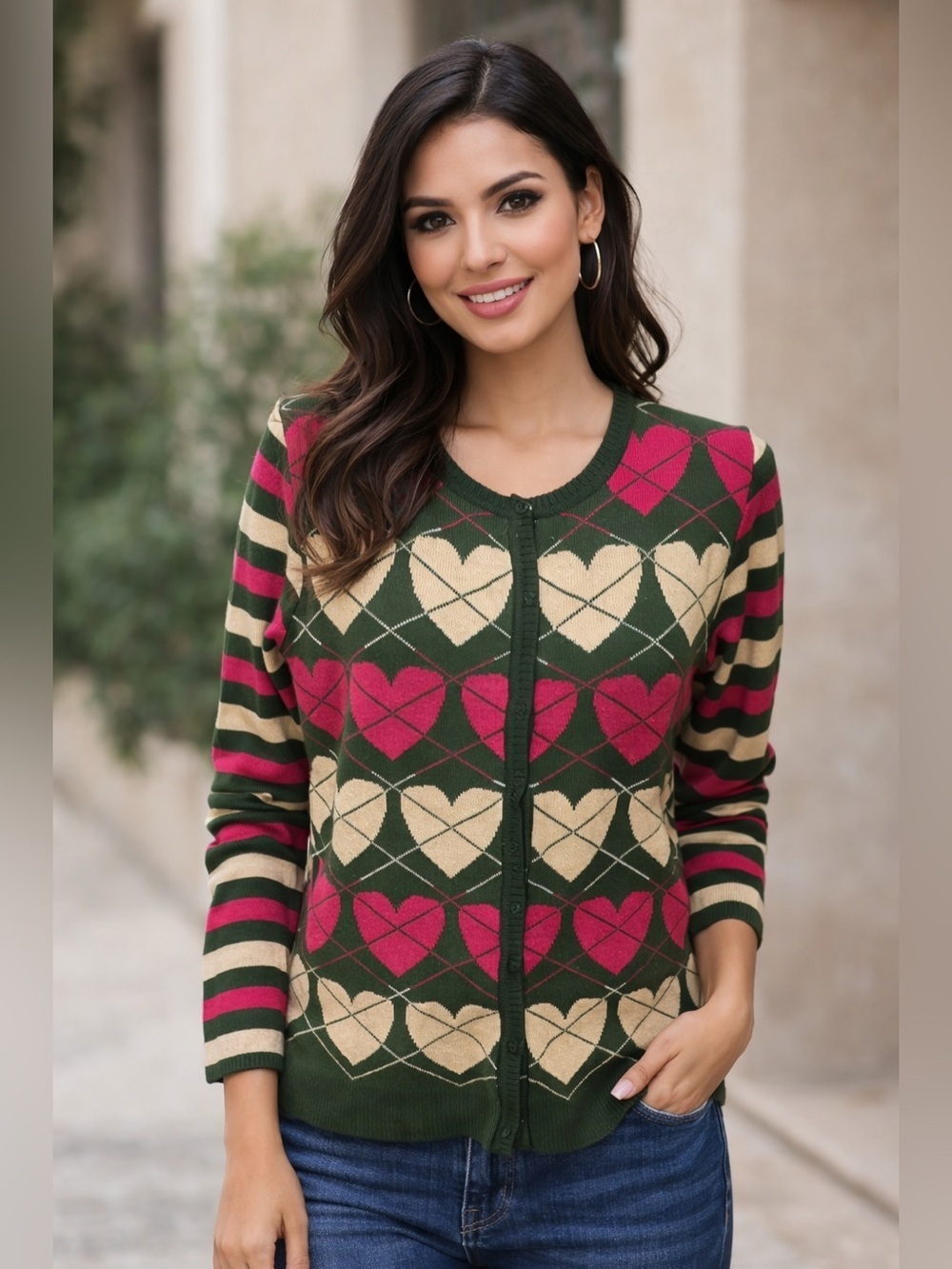 Vintage Patachou Brazil Heart Argyle Cardigan Sweater Sz L Valentine Snap Button